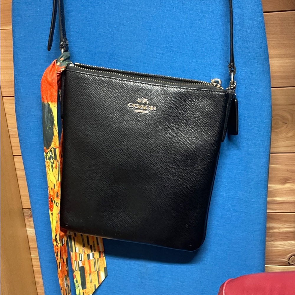 Coach Black Leather Crossbody with Vibrant Scarf
